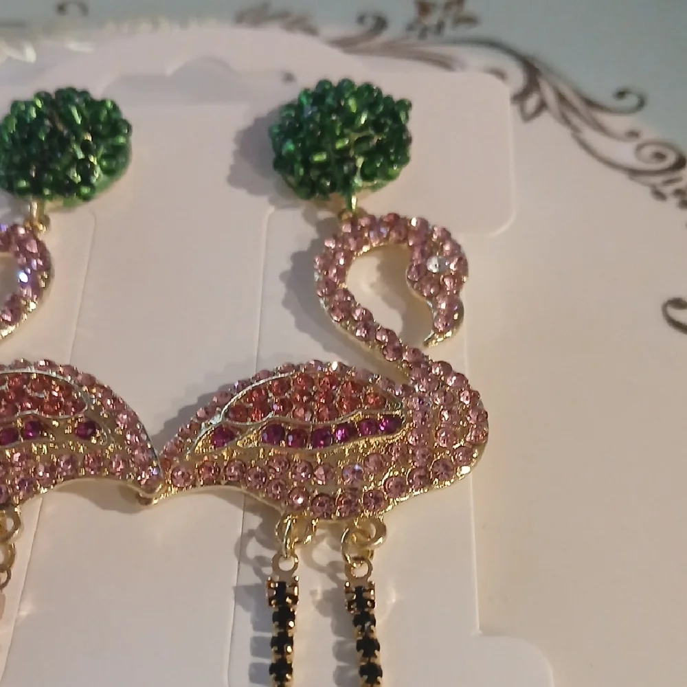 Rhinestone Extra Long Flamingo Earrings with Green and Pink Accents - Picture 2 of 7